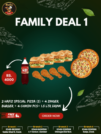 Family Deal 1 (2 Hafiz Special Pizza Small + 4 Zinger Burgers + 4 Chicken Pcs + 1.5 Ltr Cold Drink)