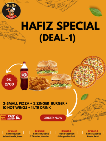 Hafiz Special Deal 1 (2 Small Pizza BBQ + 2 Zinger Burger + 10 Hot wings + 1 Ltr Drink)