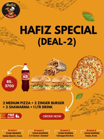 Hafiz Special Deal 2 (2 Medium Pizza + 2 Zinger Burger + 2 Chicken Shawarma + 1 Ltr Drink)