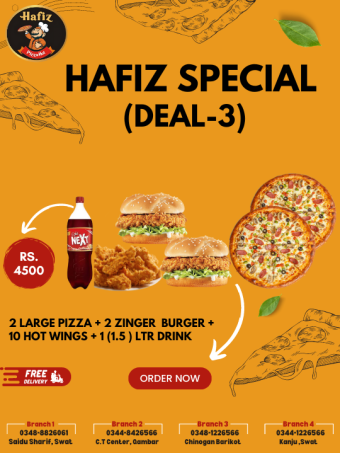 Hafiz Special Deal 3 (2 Large Pizza BBQ + 10 Hot wings + 2 Zinger Burger + 1.5 Ltr Drink)