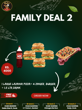 Family Deal 2 (1 Large Lazania Pizza + 4 Zinger Burgers + 1.5 Ltr Cold Drink)