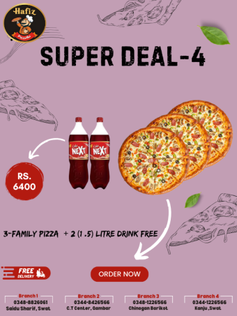 SUPER DEAL 4 (3 Family Pizza + 2 (1.5 ) Litre Cold Drink Free)