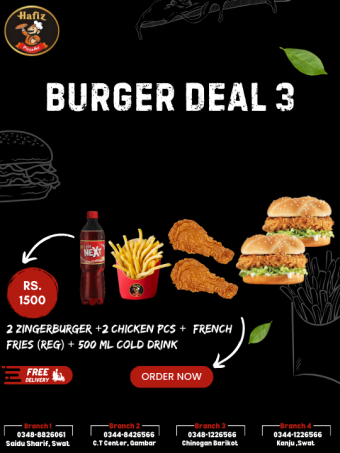 Deal 3 (2 Zinger burger + 2 Chicken Pcs + 1 French Fries Regular + 500 ml Drink)