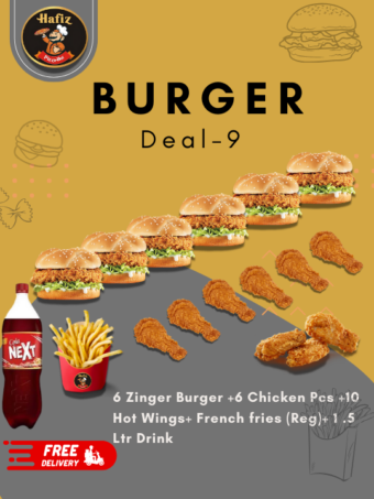 Deal 9 (6 Zinger Burger +6 Chicken Pcs +10 Hot Shots + French fries (Reg)+ 1 .5 Ltr Drink)