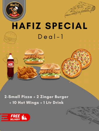 Hafiz Special Deal 1 (2 Regular Pizza BBQ + 2 Zinger Burger + 10 Hot wings + 1 Ltr Drink)