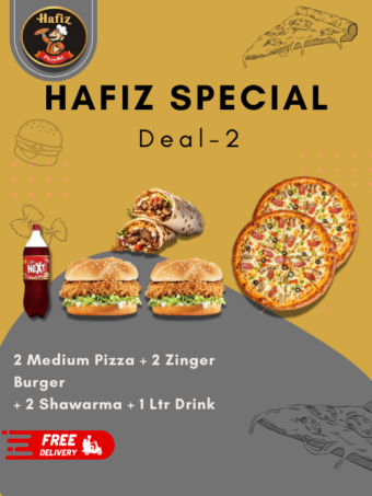 Hafiz Special Deal 2 (2 Medium Pizza + 2 Zinger Burger + 2 Chicken Shawarma + 1 Ltr Drink)