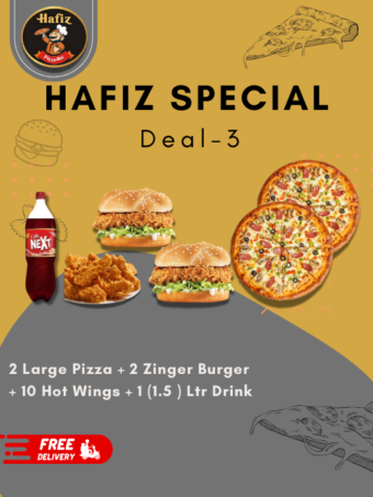 Hafiz Special Deal 3 (2 Large Pizza BBQ + 2 Zinger Burger +10 Hot wings + 1.5 Ltr Drink)