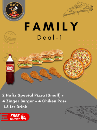 Family Deal 1 (2 Hafiz Special Pizza Small + 4 Zinger Burgers + 4 Chicken Pcs + 1.5 Ltr Cold Drink)