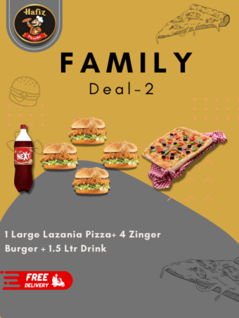 Family Deal 2 (1 Large Lazania Pizza + 4 Zinger Burgers + 1.5 Ltr Cold Drink)