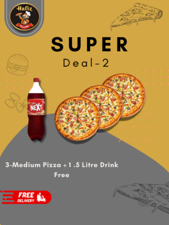 Super Deal 2 (3 Medium Pizza + 1.5 Litre Cold Drink Free)