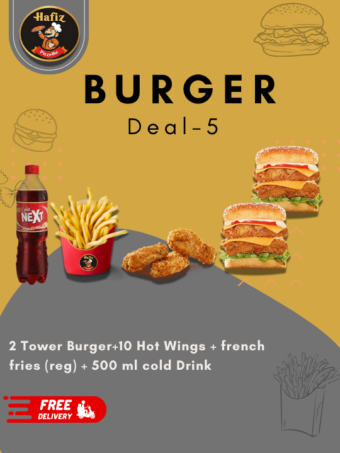 Deal 5 (2 Tower burger + 10 Hot Wings + 1 French Fries Regular + 500 ml Drink)